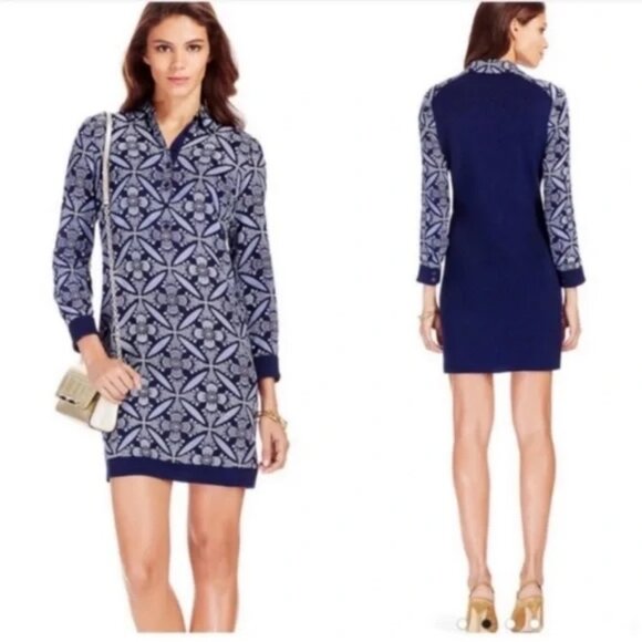 Diane von Furstenberg Sorrel mixed panels silk + knit polo shirt style dress P S - Picture 2 of 5